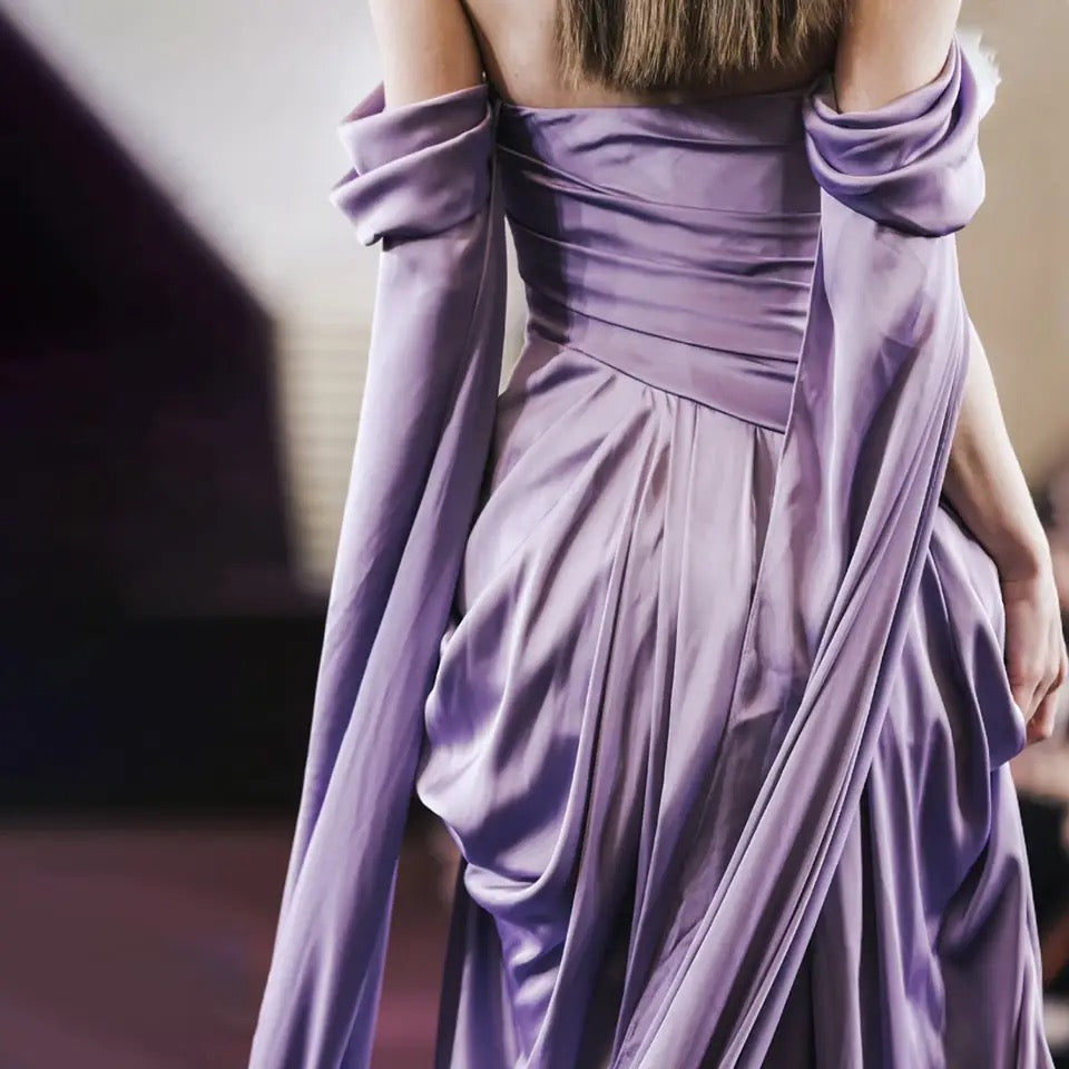 Purple Satin Off-Shoulder Draped Maxi Dress