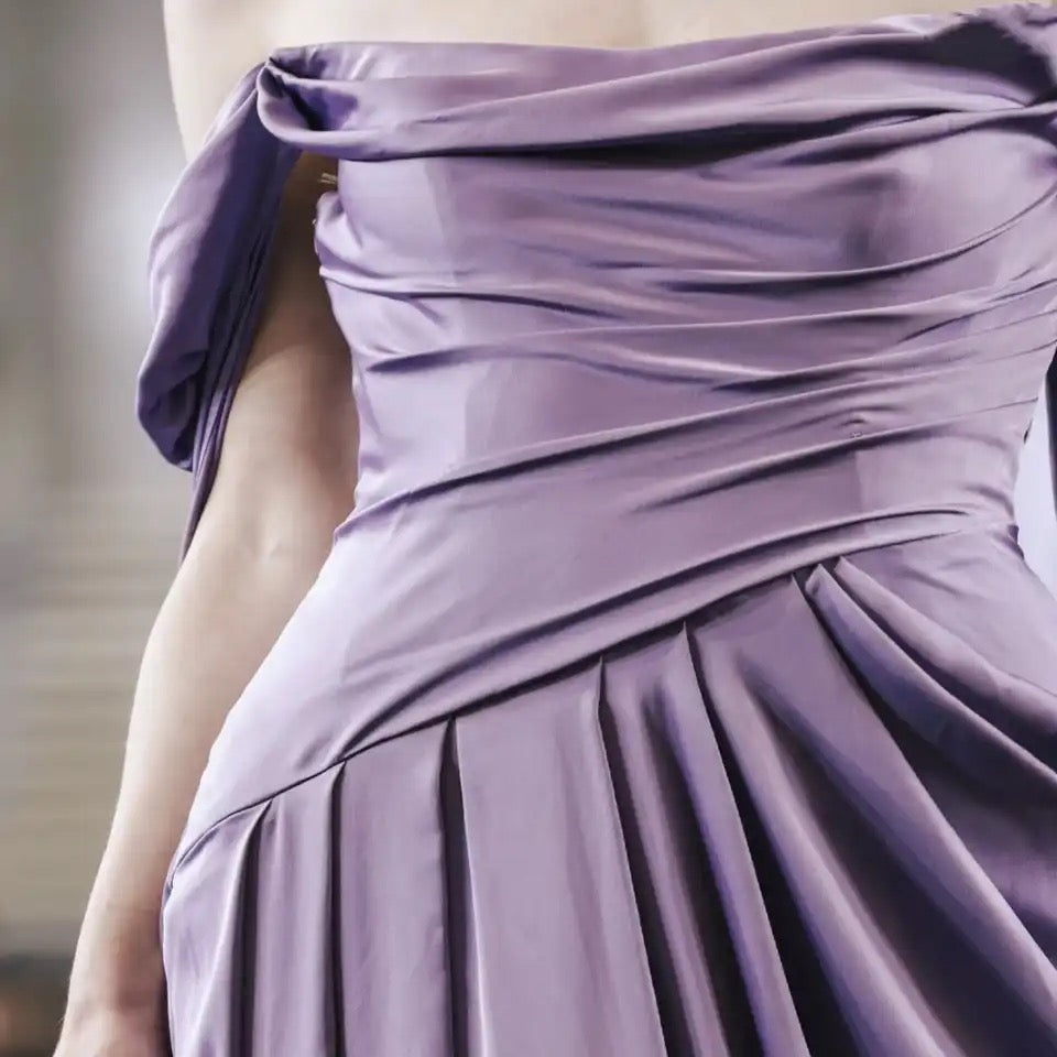 Purple Satin Off-Shoulder Draped Maxi Dress