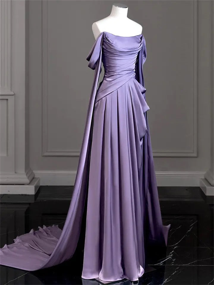 Purple Satin Off-Shoulder Draped Maxi Dress