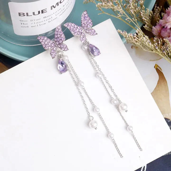 Purple Sparkling Butterfly Pearl Drop Threader Earrings