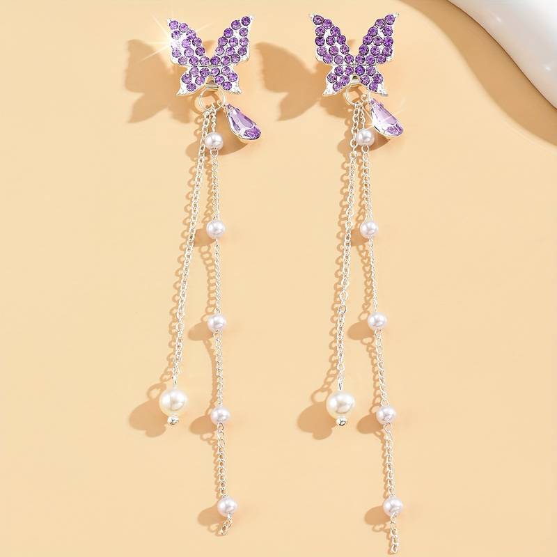 Purple Sparkling Butterfly Pearl Drop Threader Earrings