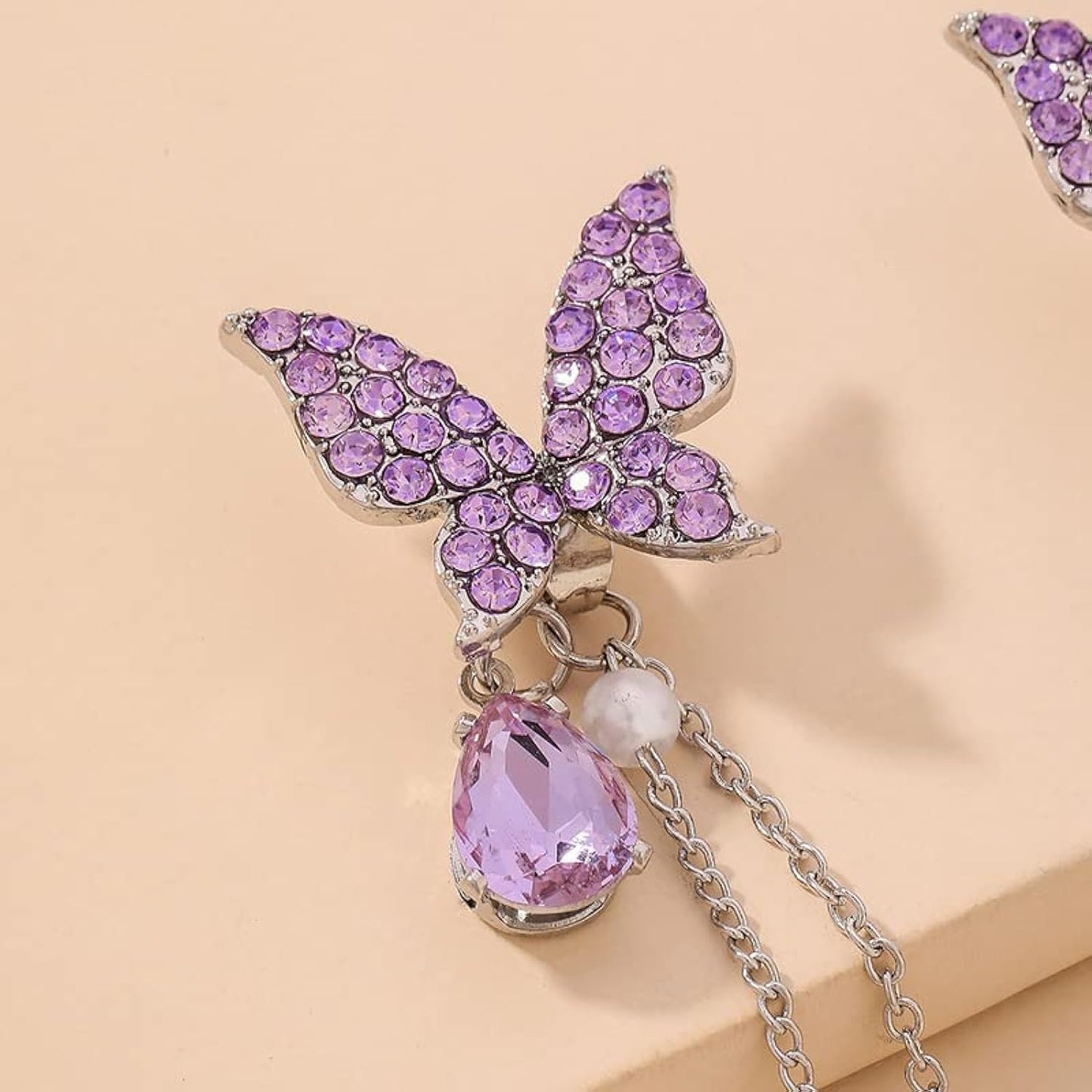 Purple Sparkling Butterfly Pearl Drop Threader Earrings