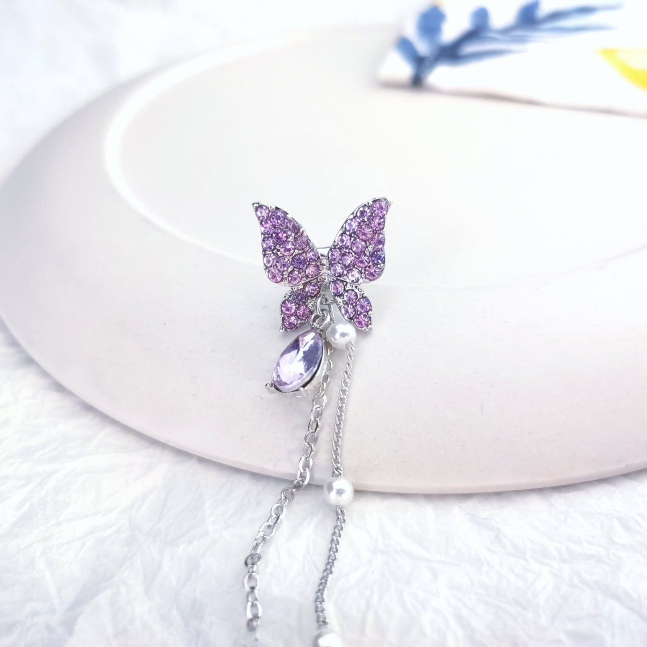 Purple Sparkling Butterfly Pearl Drop Threader Earrings