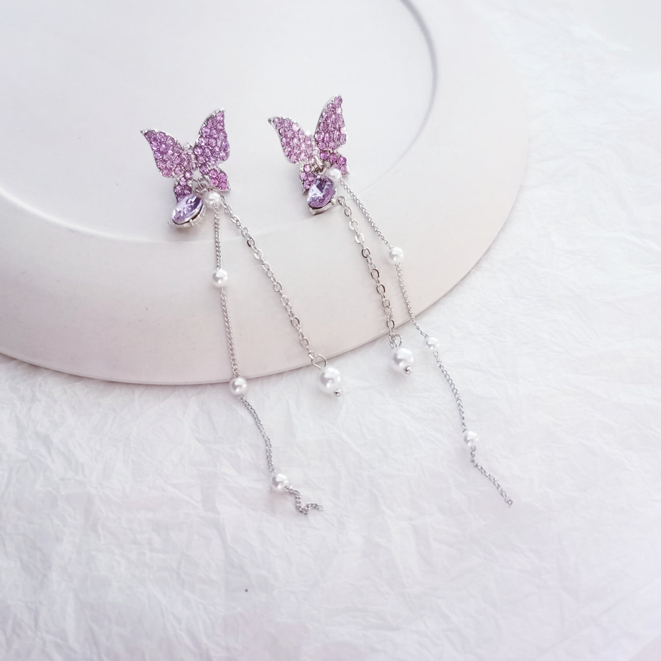 Purple Sparkling Butterfly Pearl Drop Threader Earrings