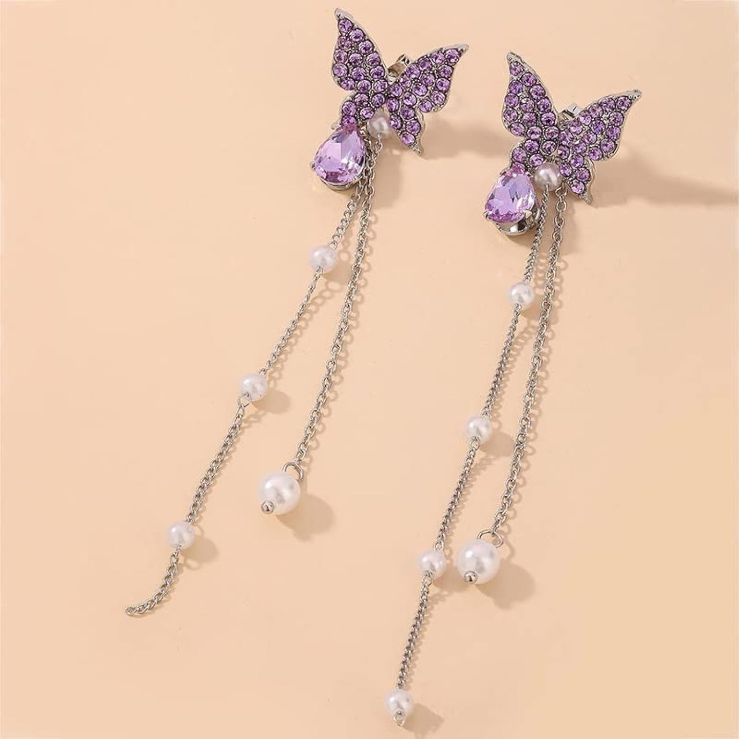 Purple Sparkling Butterfly Pearl Drop Threader Earrings