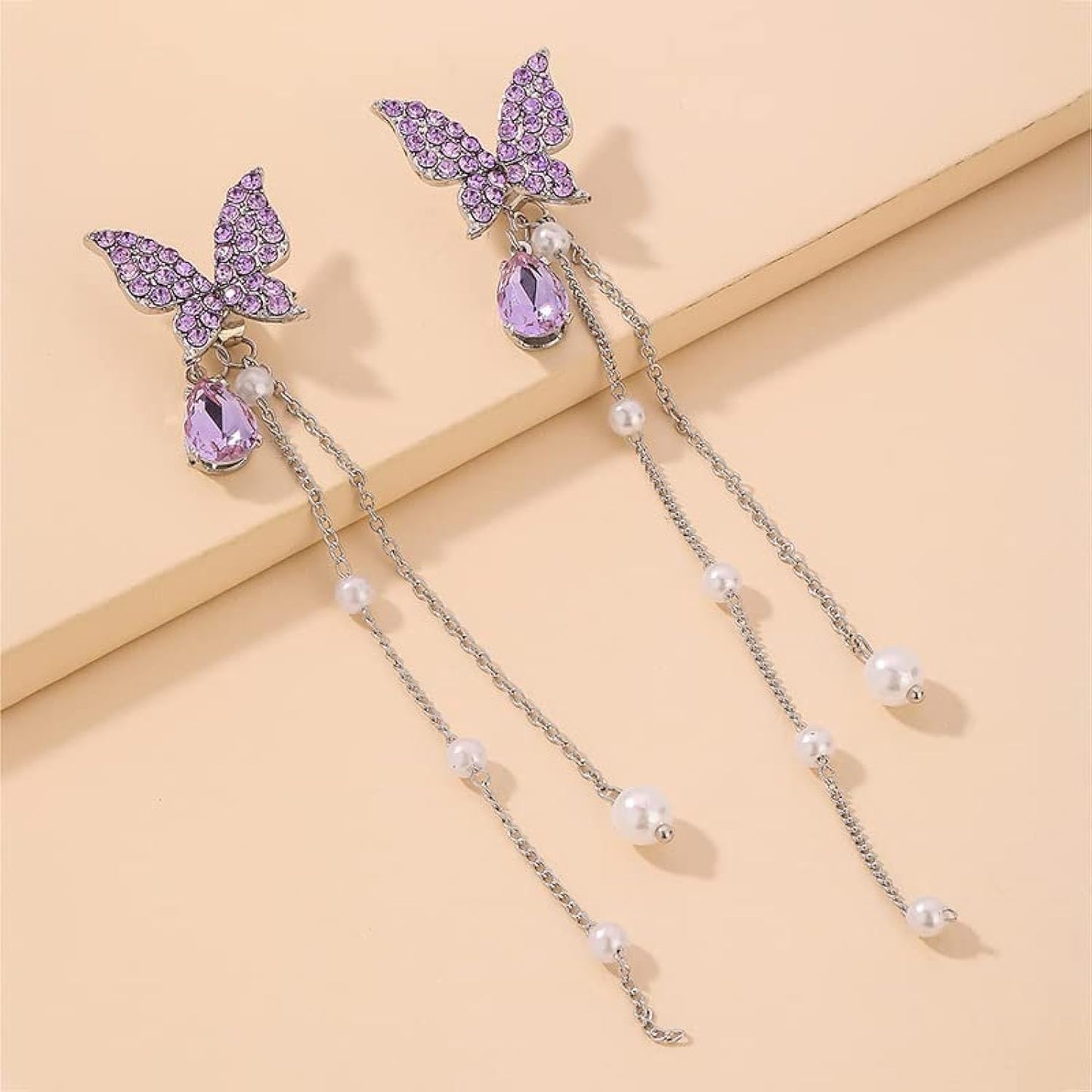 Purple Sparkling Butterfly Pearl Drop Threader Earrings