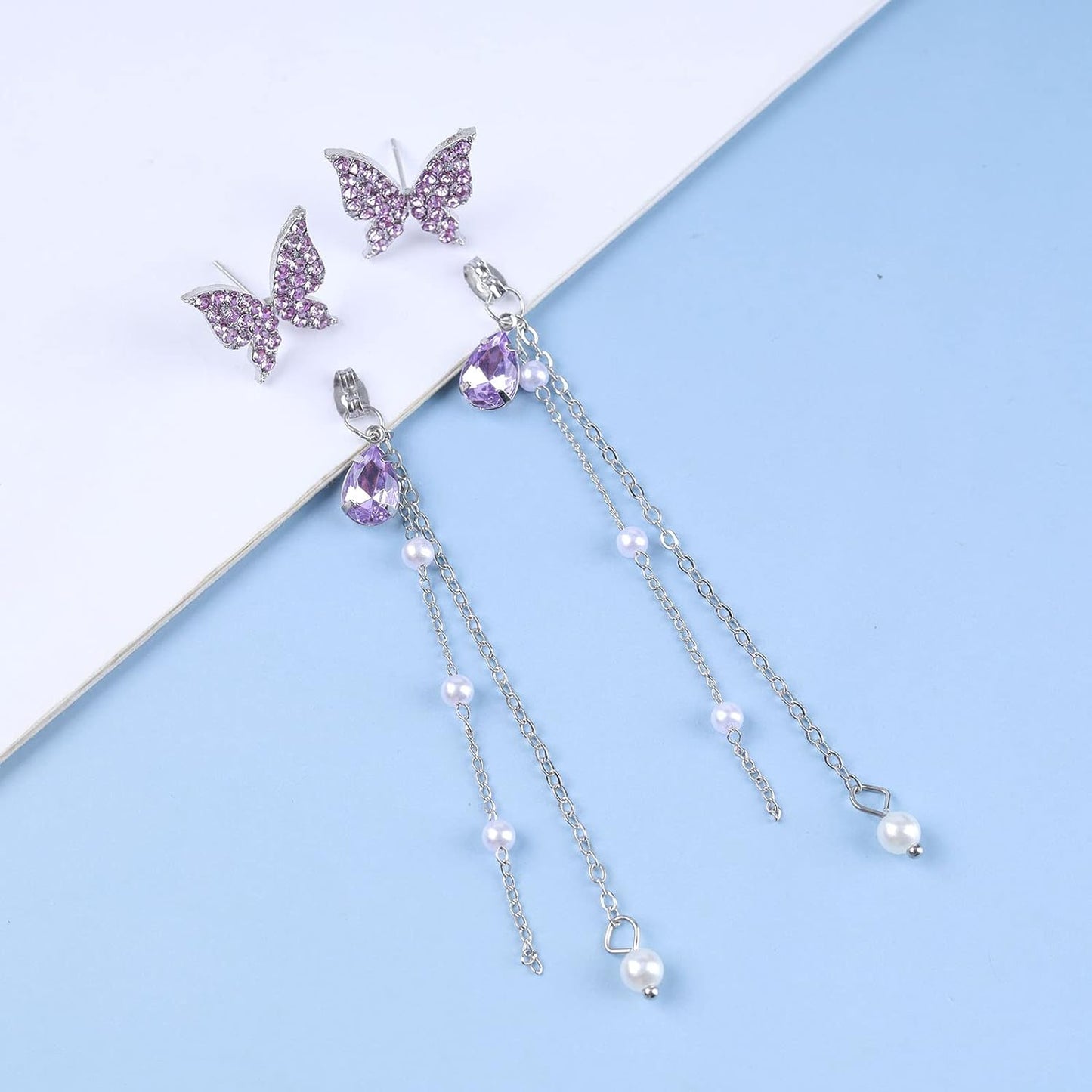 Purple Sparkling Butterfly Pearl Drop Threader Earrings