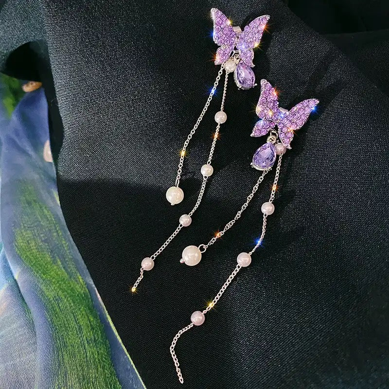 Purple Sparkling Butterfly Pearl Drop Threader Earrings