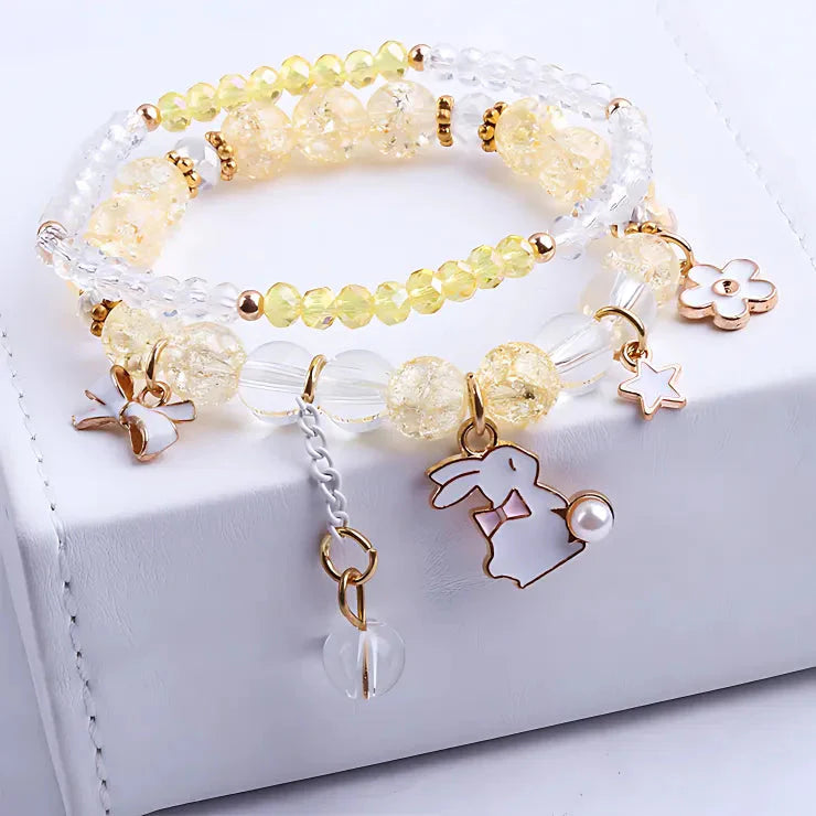 Rabbit Bow Sparkling Pearl Charm Bracelet Stack