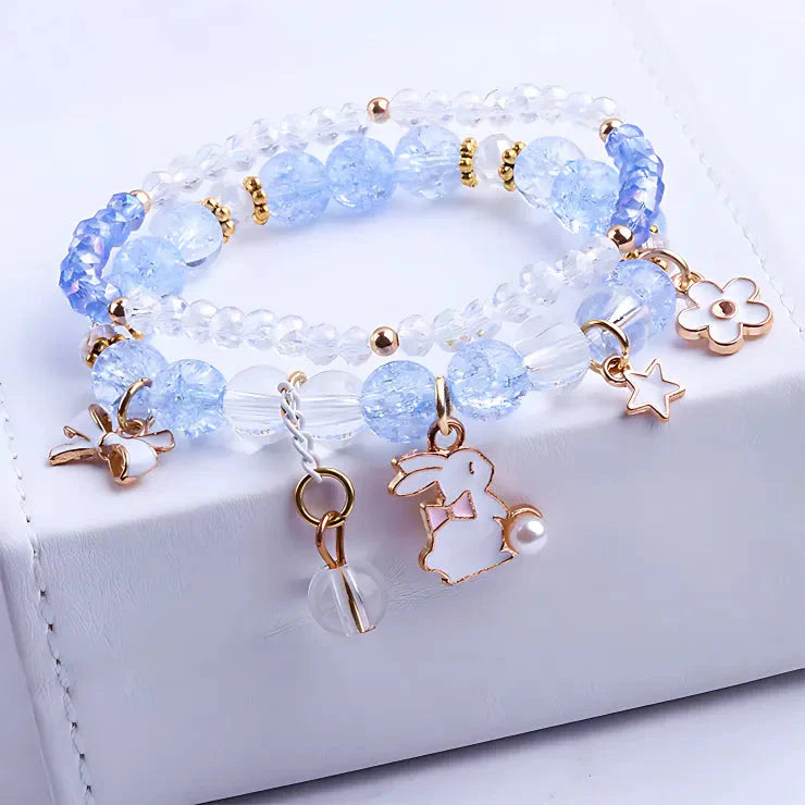 Rabbit Bow Sparkling Pearl Charm Bracelet Stack