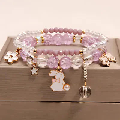 Rabbit Bow Sparkling Pearl Charm Bracelet Stack