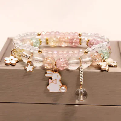 Rabbit Bow Sparkling Pearl Charm Bracelet Stack