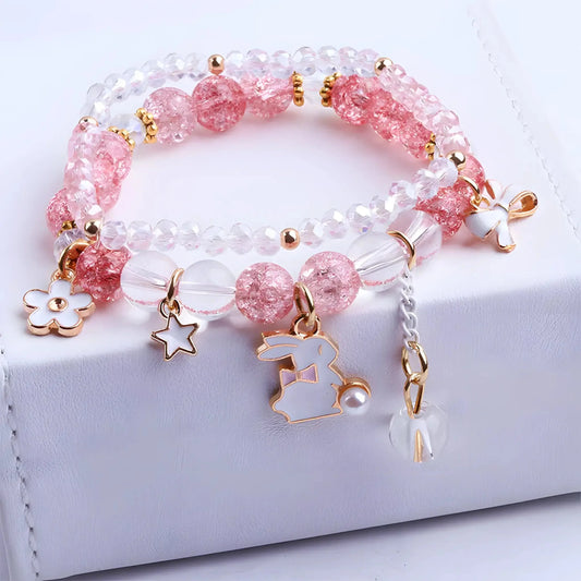 Rabbit Bow Sparkling Pearl Charm Bracelet Stack