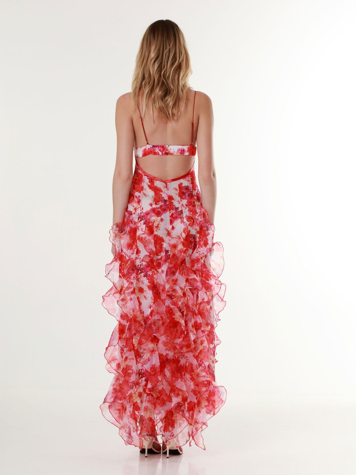 Red Margarita Ruffle Floral-Print Maxi Dress