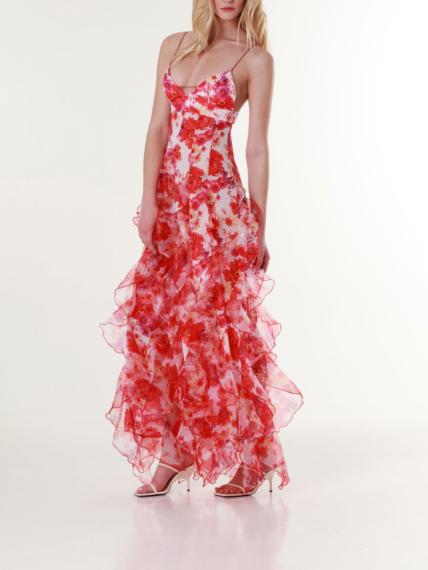 Red Margarita Ruffle Floral-Print Maxi Dress