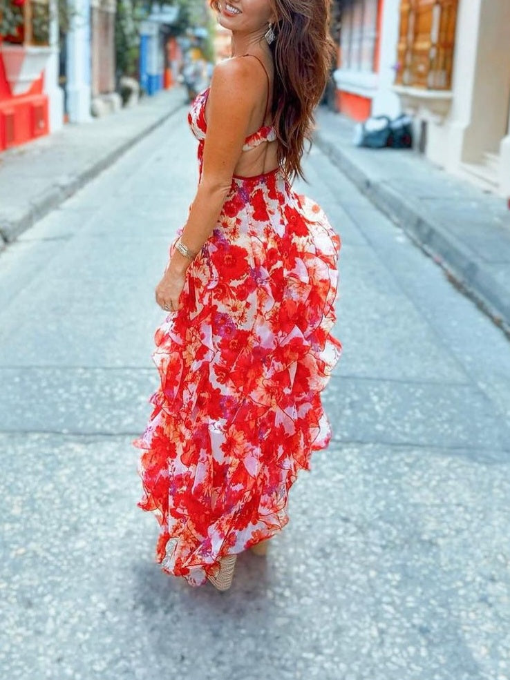 Red Margarita Ruffle Floral-Print Maxi Dress