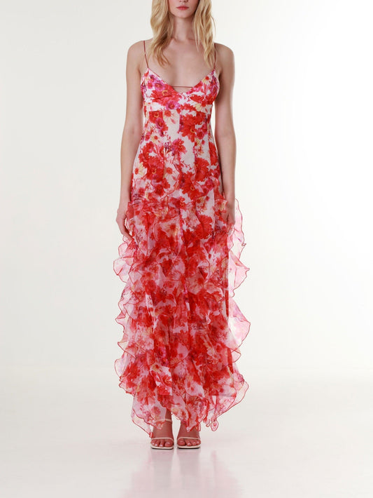 Red Margarita Ruffle Floral-Print Maxi Dress