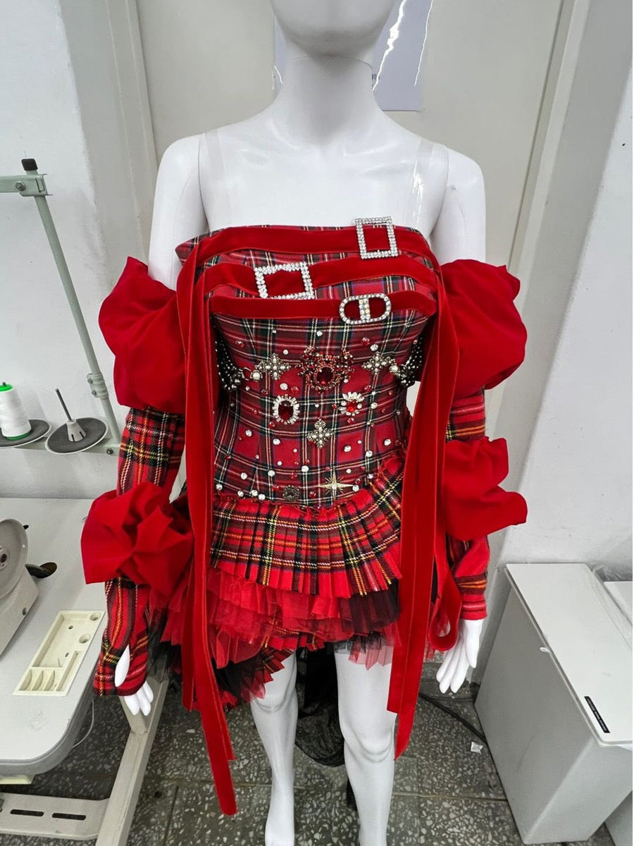 Red Plaid Puff Sleeve Corset Tiered Dress