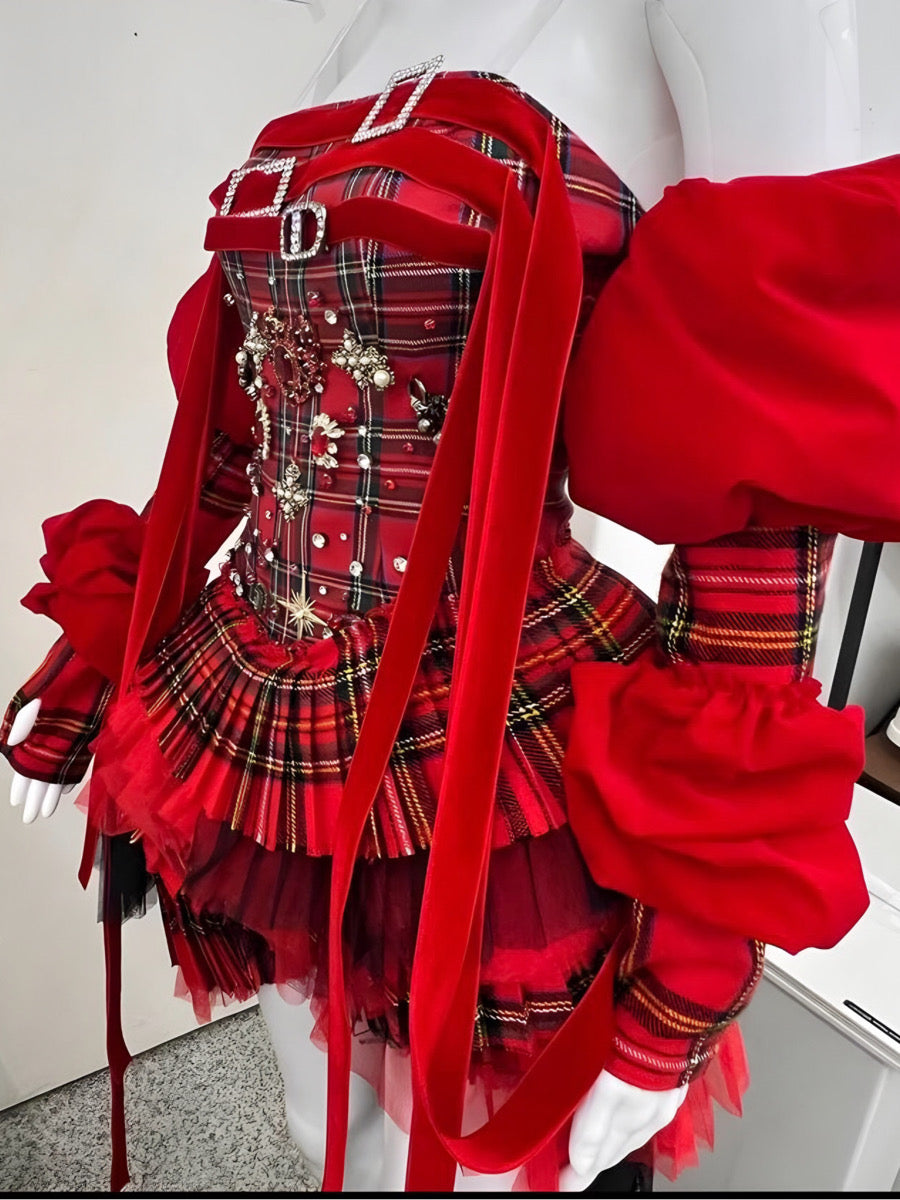 Red Plaid Puff Sleeve Corset Tiered Dress