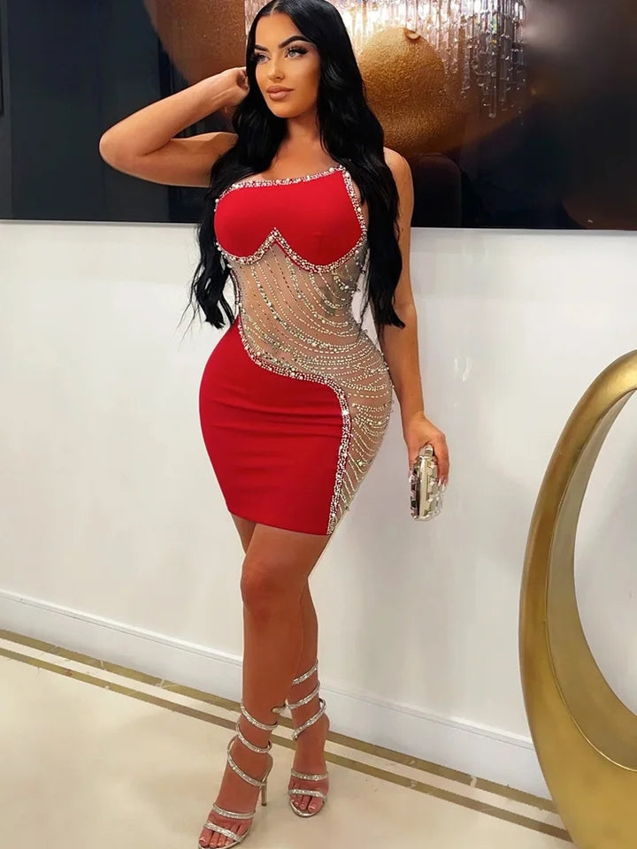 Rhinestone Mesh Cutout One Shoulder Mini Dress