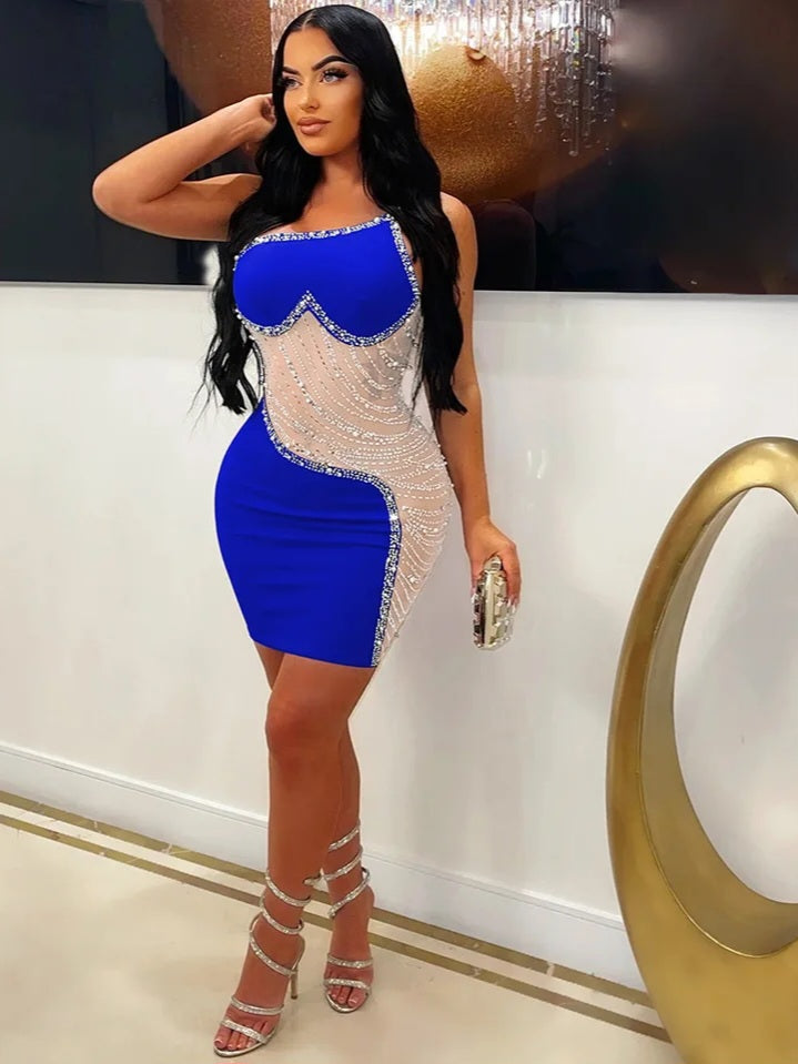 Rhinestone Mesh Cutout One Shoulder Mini Dress