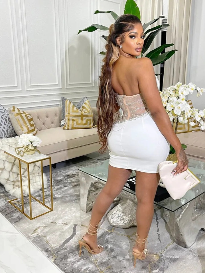 Rhinestone Mesh Cutout One Shoulder Mini Dress