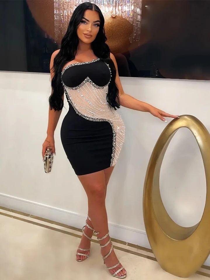 Rhinestone Mesh Cutout One Shoulder Mini Dress