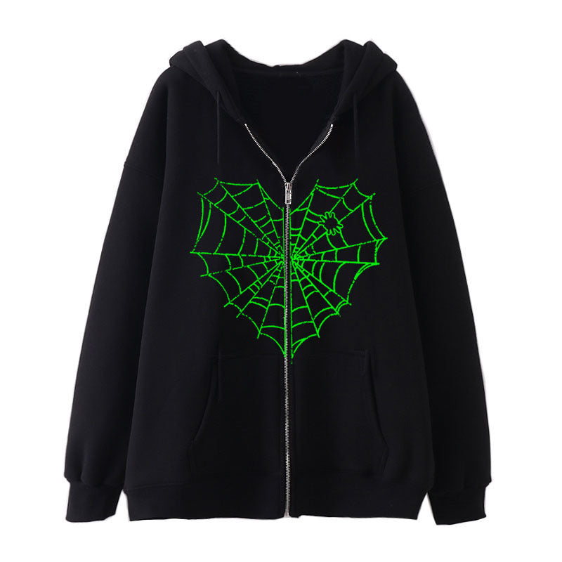 Rhinestone Spiderweb Heart Zipper Hoodie