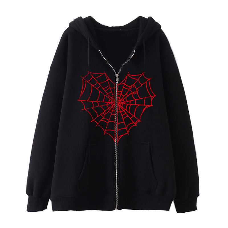 Rhinestone Spiderweb Heart Zipper Hoodie