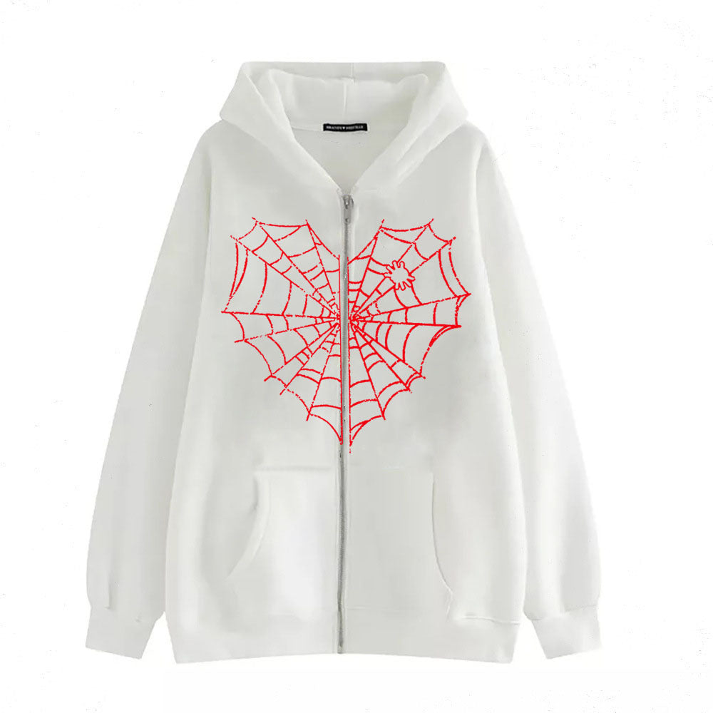 Rhinestone Spiderweb Heart Zipper Hoodie