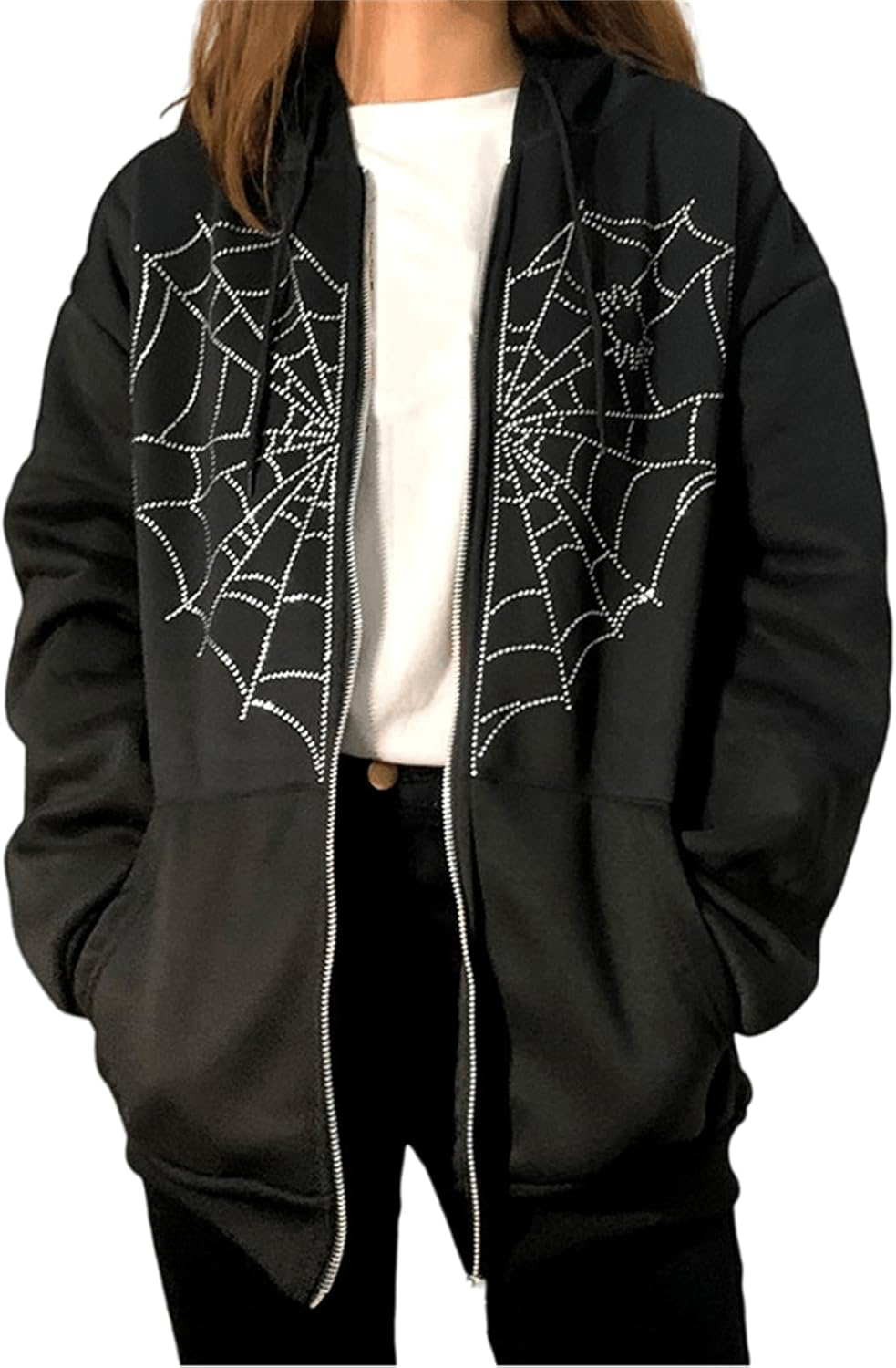 Rhinestone Spiderweb Heart Zipper Hoodie