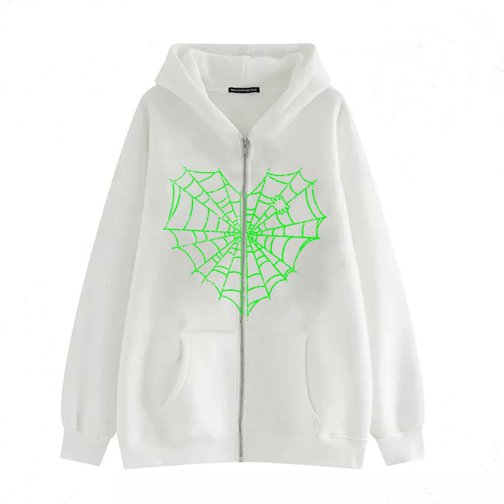 Rhinestone Spiderweb Heart Zipper Hoodie