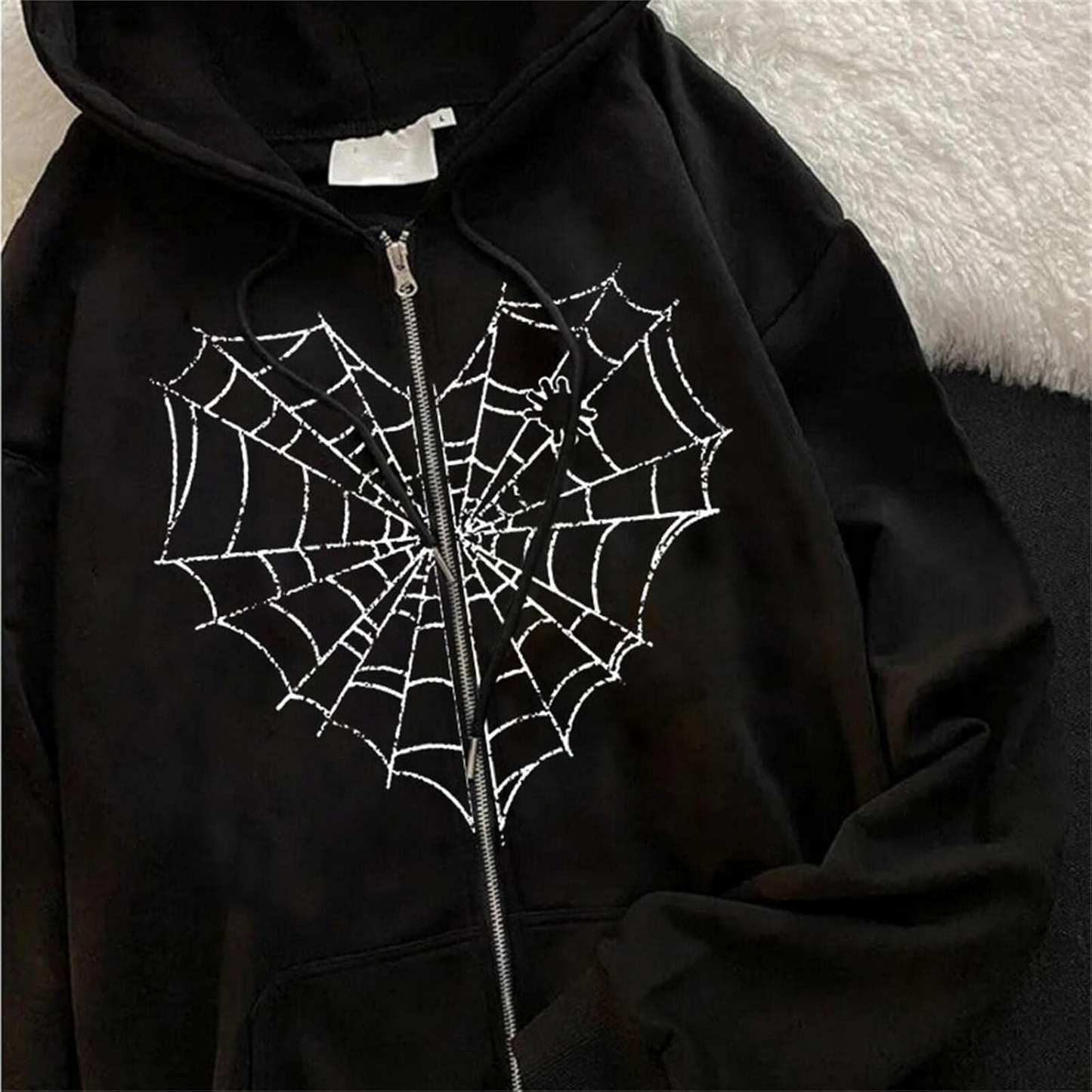 Rhinestone Spiderweb Heart Zipper Hoodie