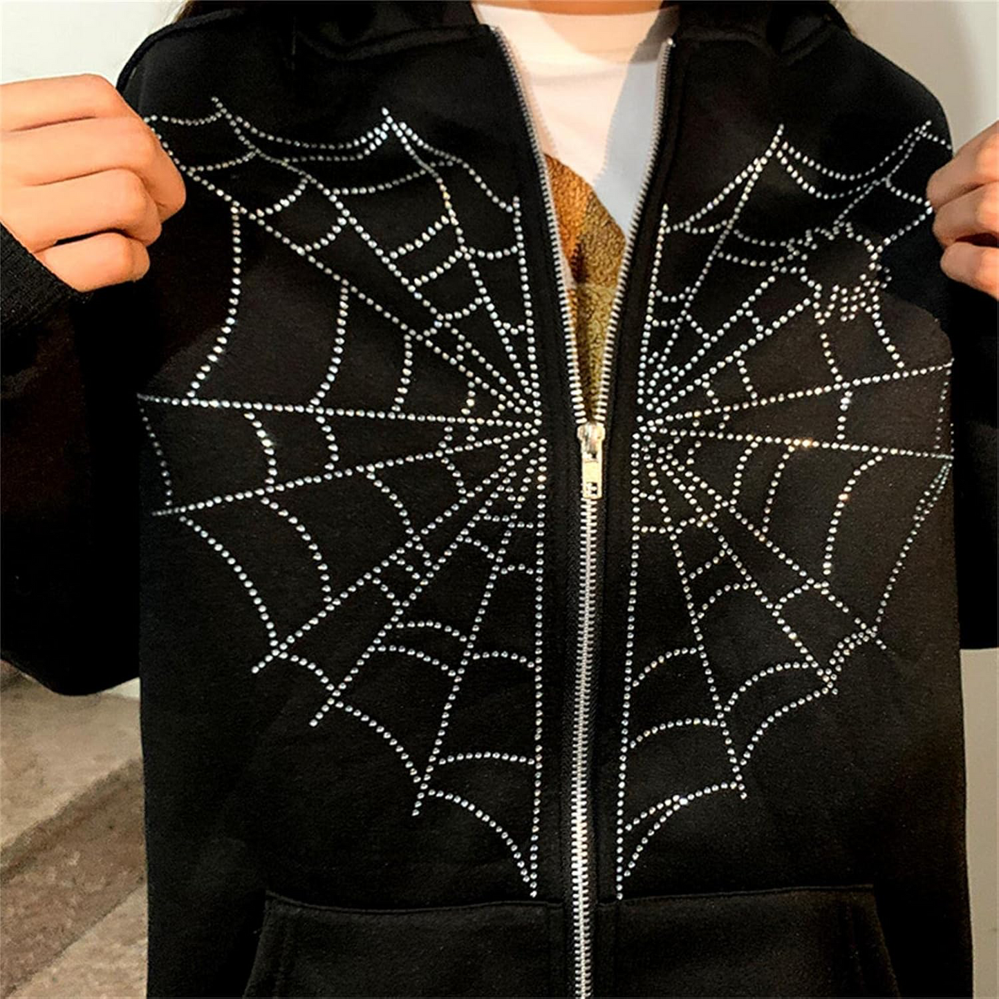 Rhinestone Spiderweb Heart Zipper Hoodie