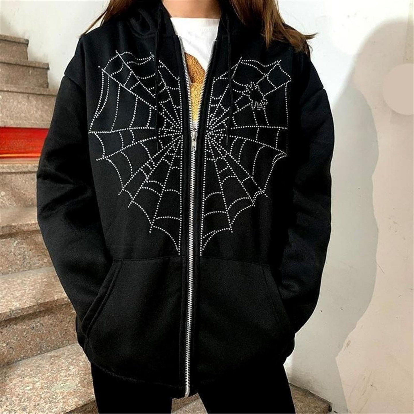 Rhinestone Spiderweb Heart Zipper Hoodie