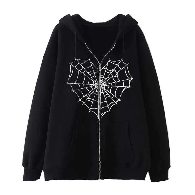 Rhinestone Spiderweb Heart Zipper Hoodie