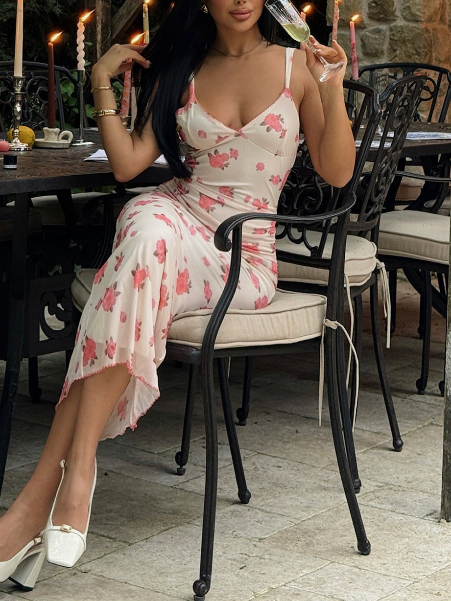 Rose Floral Sweetheart Neckline Midi Dress