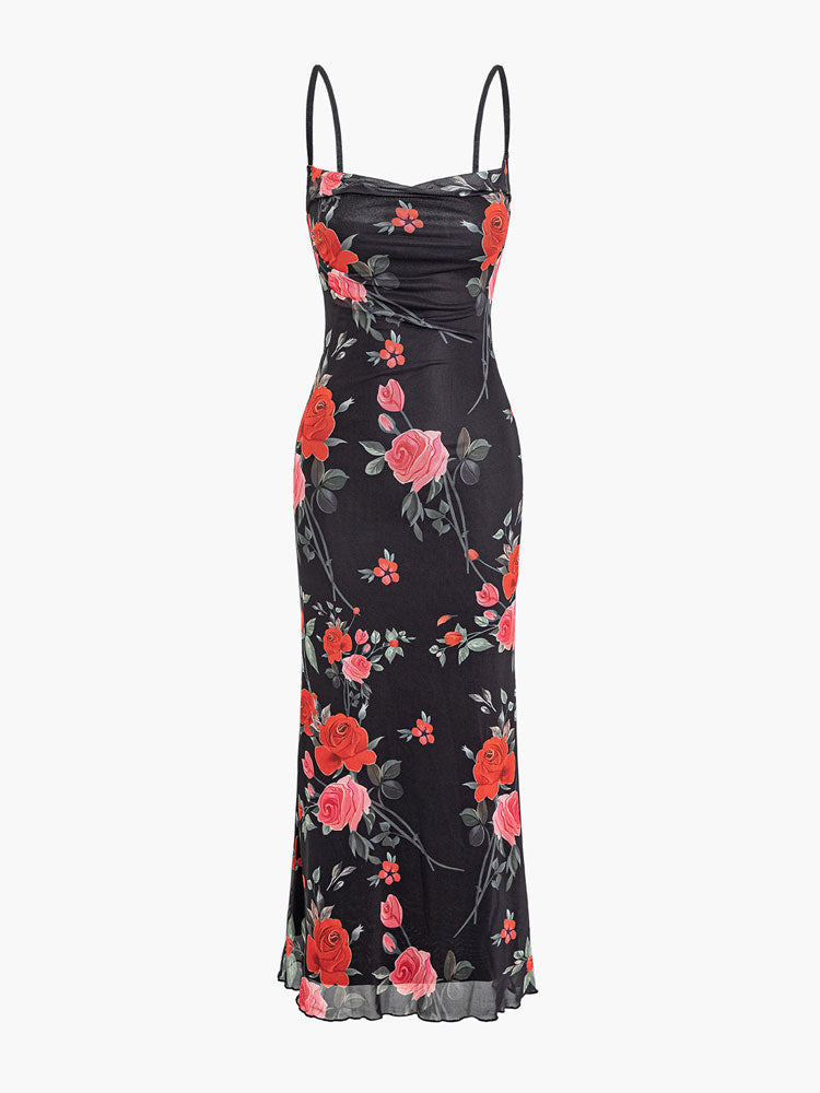 Rose Flower Print Mesh Midi Dress