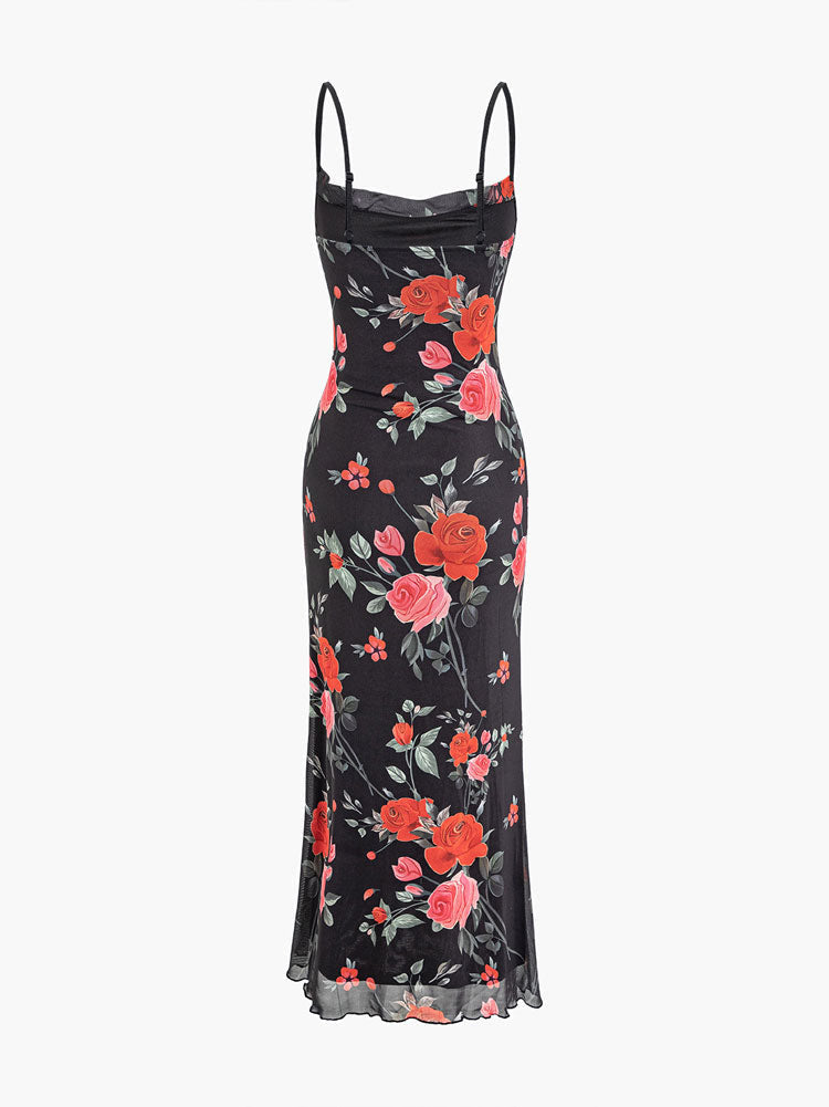 Rose Flower Print Mesh Midi Dress