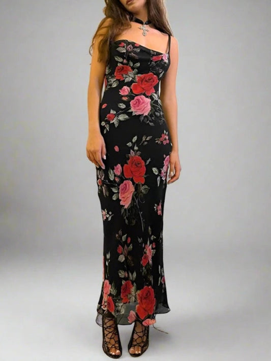 Rose Flower Print Mesh Midi Dress