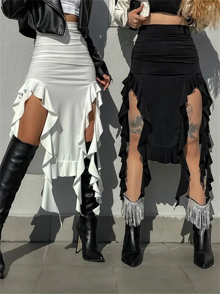 Ruffle High Slit Skirt