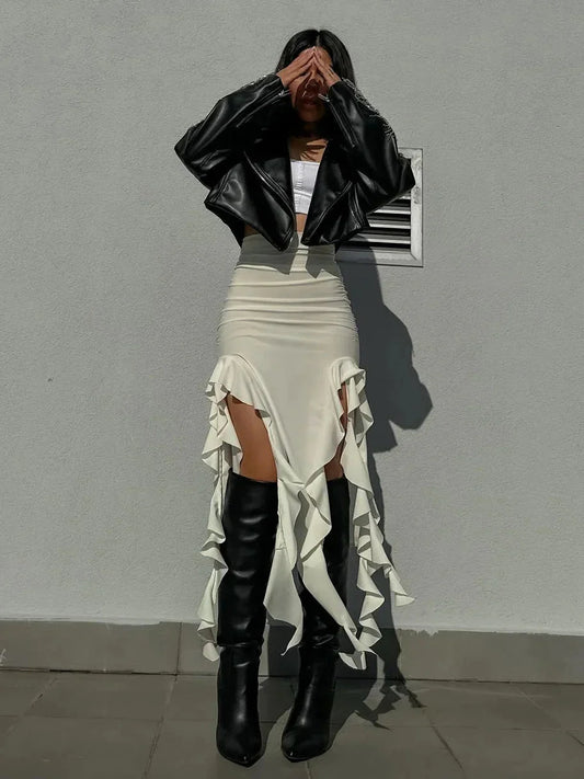 Ruffle High Slit Skirt