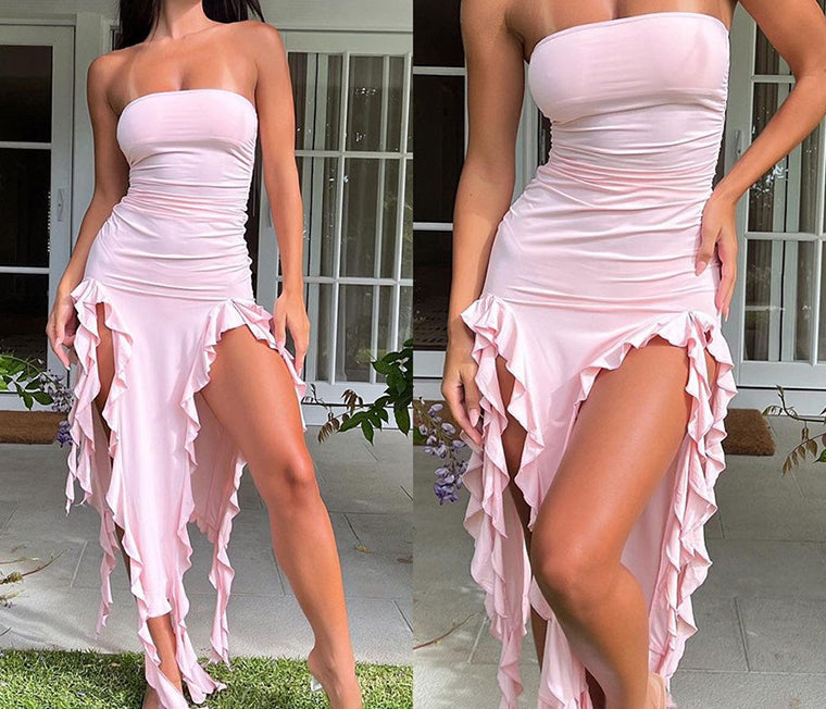 Ruffle High Slit Tube Dress