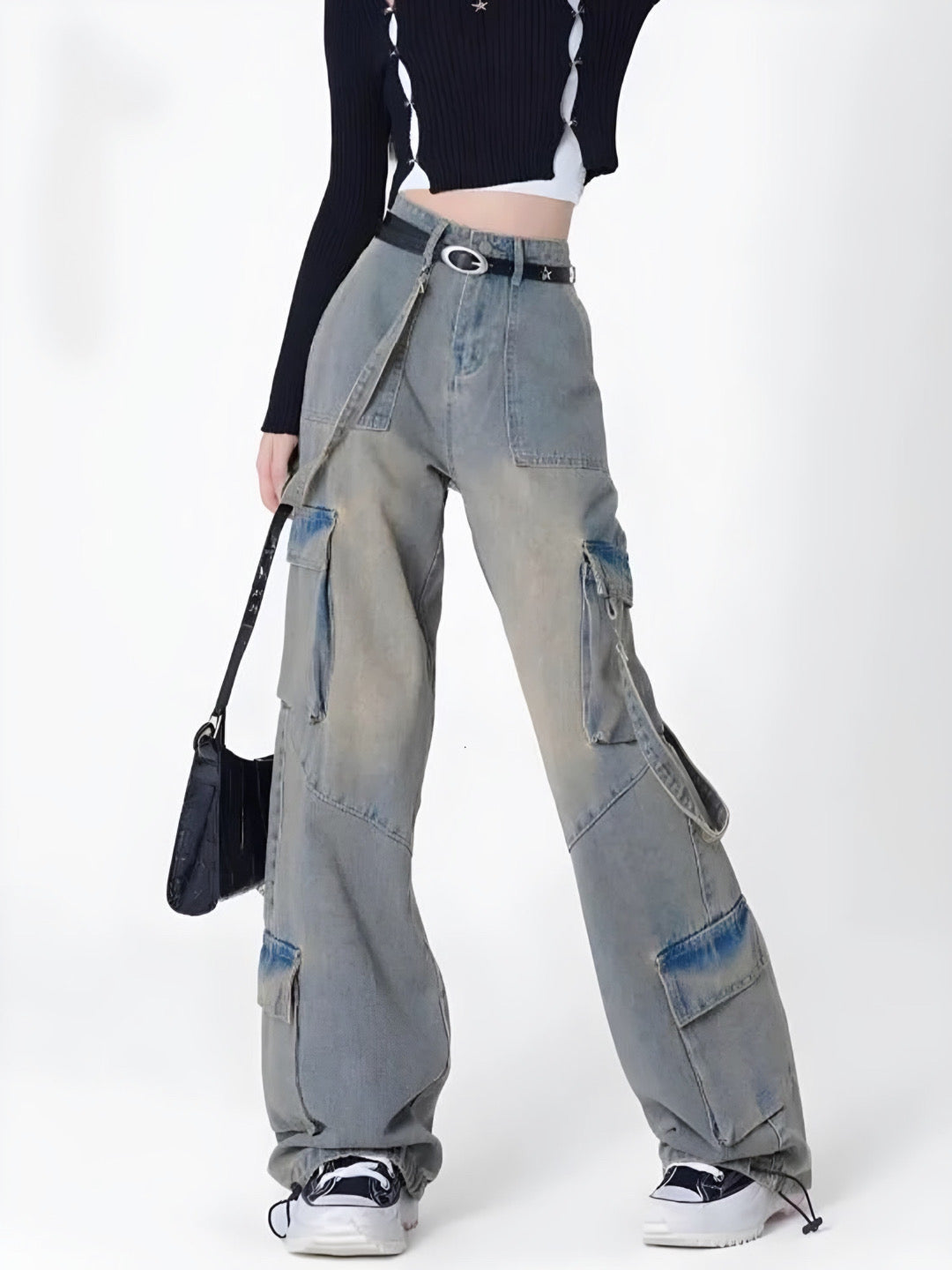 Side Straps Multi-Pocket Faded Cargo Jeans