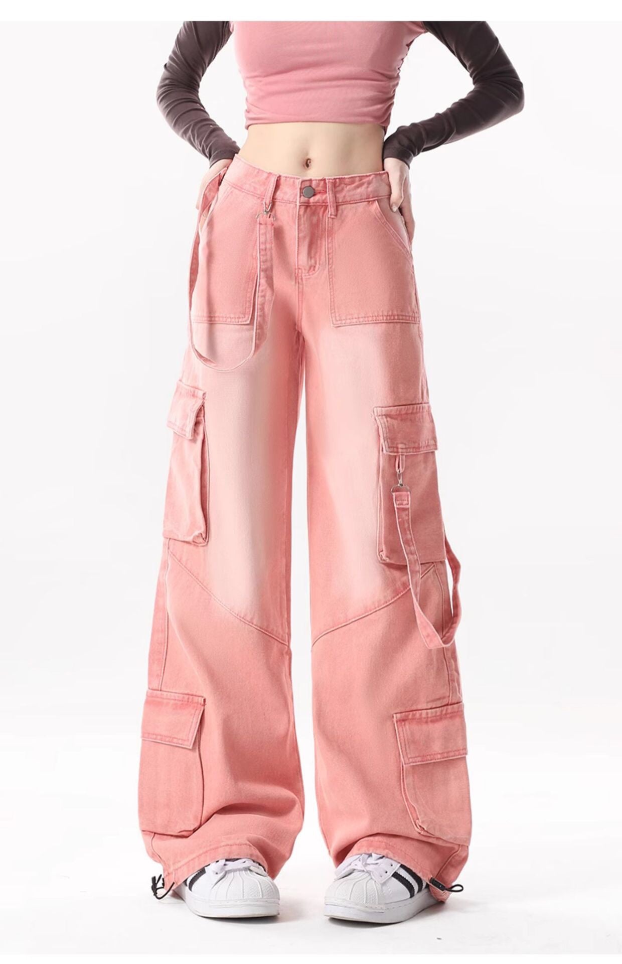 Side Straps Multi-Pocket Faded Cargo Jeans