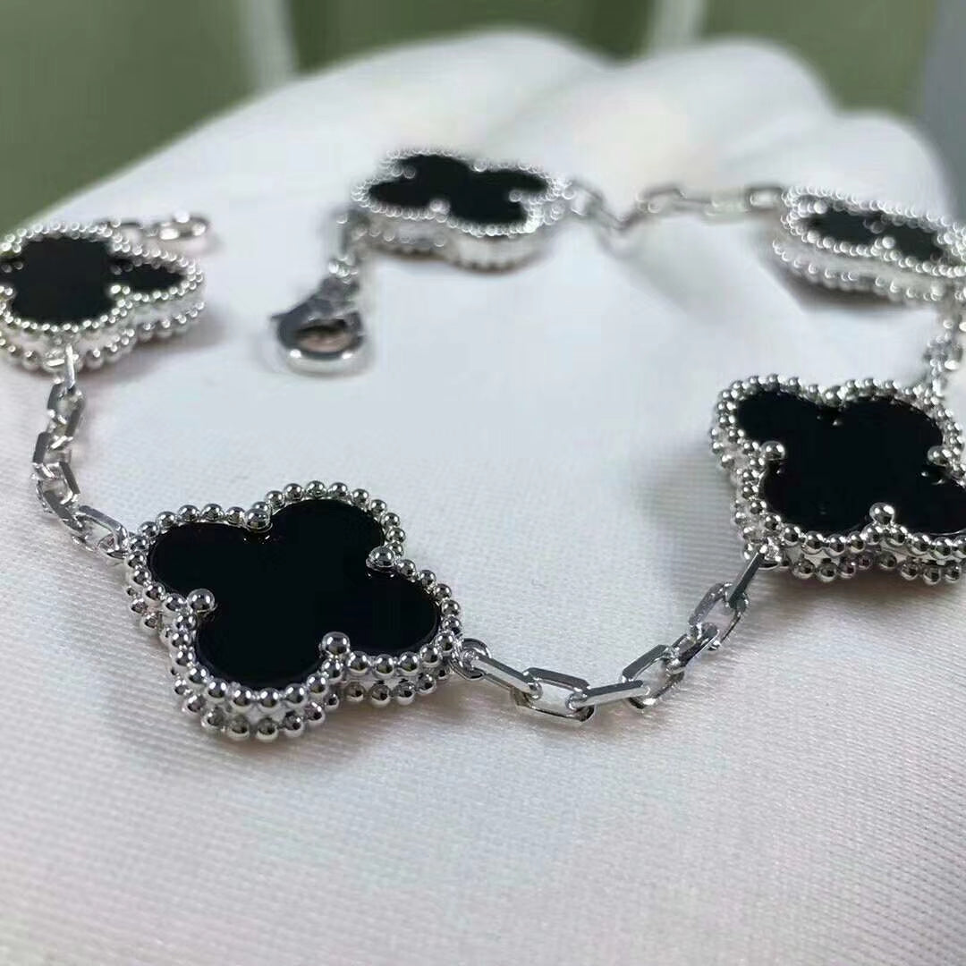 Silver Black 5 Motif Clover Bracelet