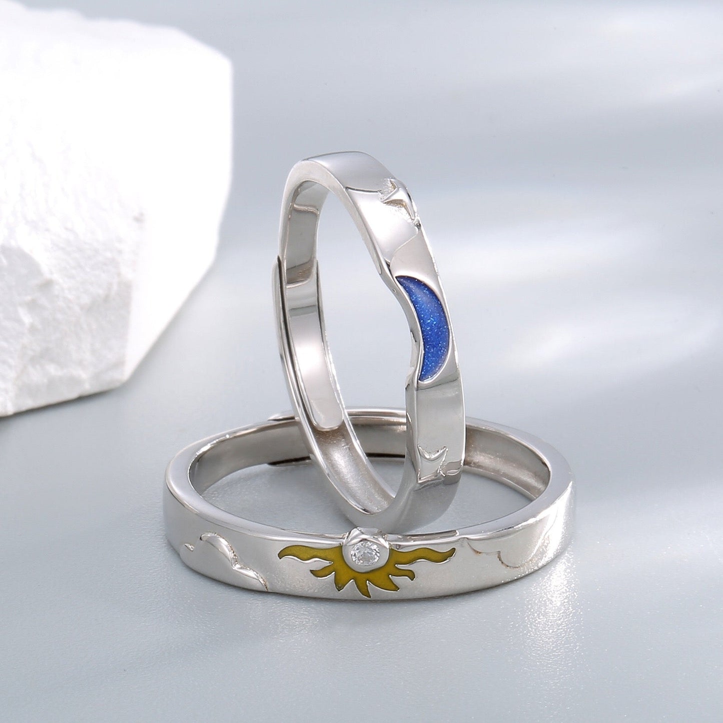 Silver Sun Moon Couple Ring Set