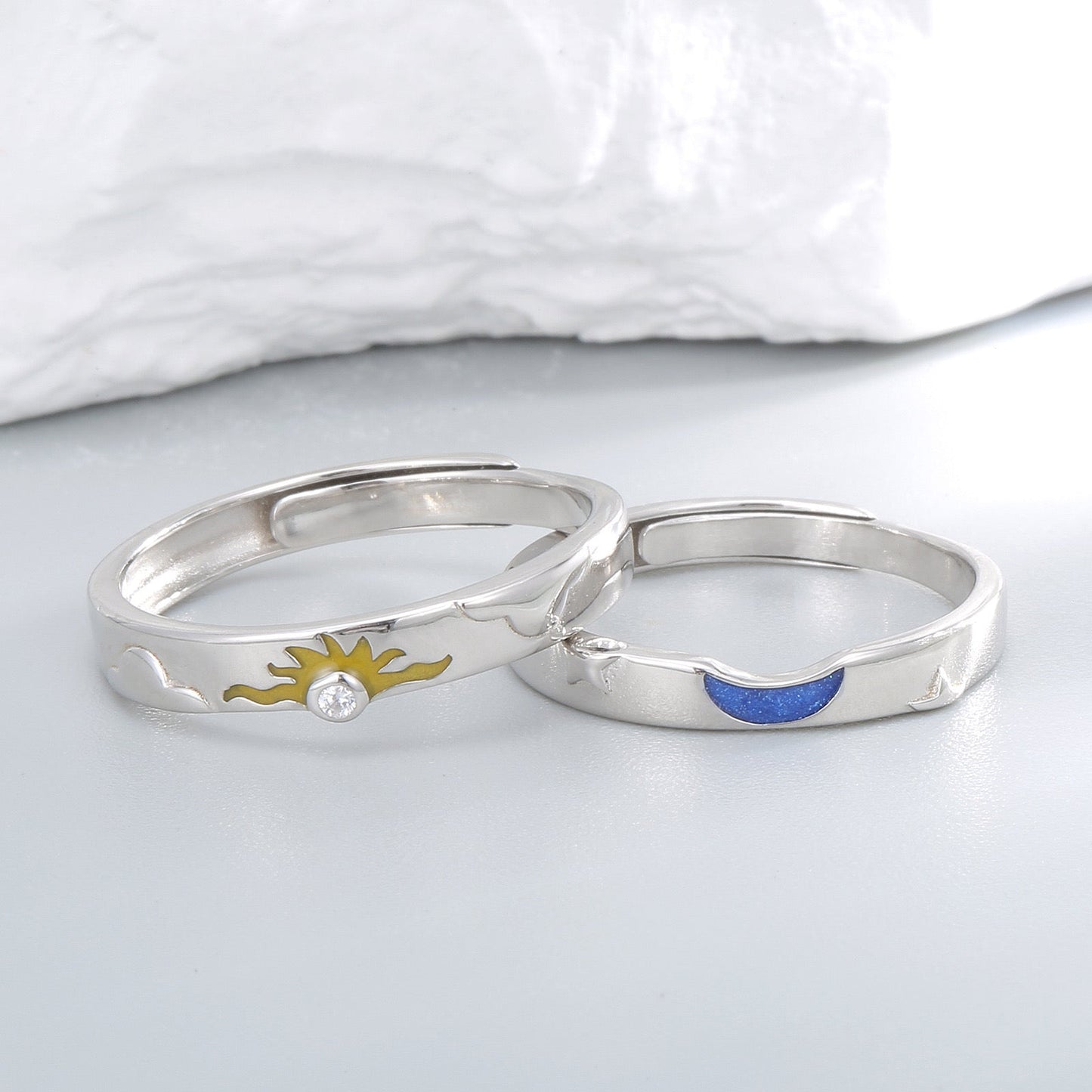 Silver Sun Moon Couple Ring Set