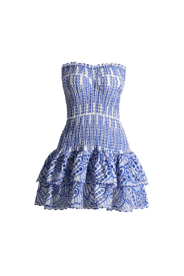 Smocked Eyelet Strapless Tiered Mini Dress