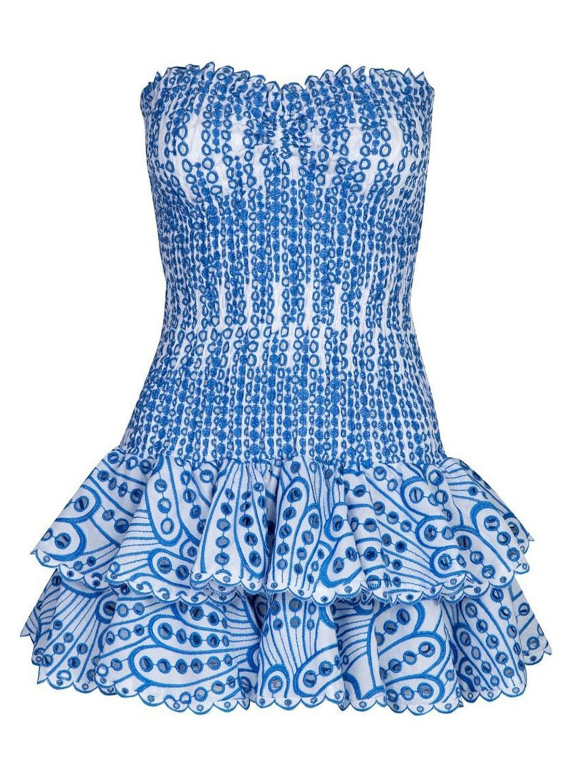 Smocked Eyelet Strapless Tiered Mini Dress